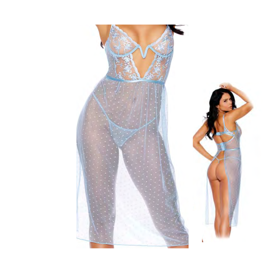 Dotted lace, long blue lingerie